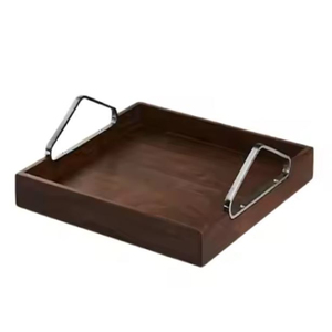 Plateau de service alimentaire moderne Plateau de service en bois avec poignées en acier inoxydable Décoratif en forme de rectangle brun foncé - Product Image 1