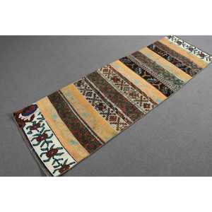 2.3x7.6 ft Rug, Vintage Turkish Rug, <b>Brown</b> <b>Wool</b> Rug - Product Image 3