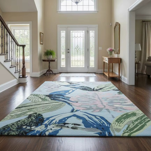 Large Abstract Botanical Area Rug | Modern Nature Inspired <b>Carpet</b> | Blue Green Pink Accent Floor Decor for Living Room, Dining - Product Image 1