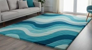 Alfombra de lana con mechones hecha a mano abstracta moderna, diseño ondulado, azul azulado, sala de estar, alfombra para mascotas, antideslizante, alta calidad, 1 pieza - Product Image 2