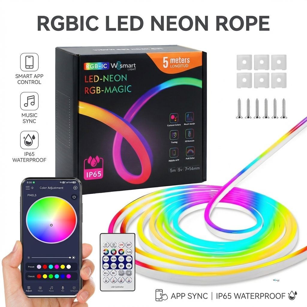 5V USB RGBIC LED Neon Rope Light 5m IP65 Flexible PVC Chasing Light App Sync Remote WiFi Control Indoor Smart LED Strip Kit