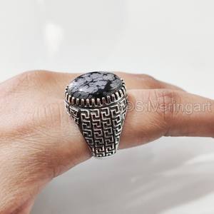 Vente en gros de bagues pour hommes, flocon de neige naturel, obsidienne, pierre précieuse, bague de naissance, toutes tailles, bijoux de fête arabes, bague en argent sterling 925 - Product Image 5