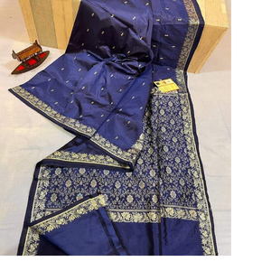 Saris de seda brocados hechos a medida en color azul real y bonito borde grande para tiendas de saris y diseñadores de moda para reventa - Product Image 1