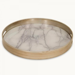 Plateau de service rond en marbre de luxe unique pour restaurant, hôtel et maison plateaux de service couleur or plateaux de service en forme de rond fournitures - Product Image 1