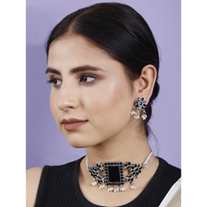 Collier ras du cou rectangulaire noir avec grosse pierre - pour les occasions festives - Product Image 5
