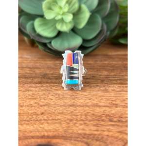 Navajo Handmade <b>Statement</b> <b>Ring</b> Multi-Color Turquoise & Sterling <b>Silver</b> Inlay Gemstone <b>Ring</b> Size 9 Everyday Wear - Product Image 1
