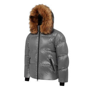 Custom Shiny Grey Puffer Jacket Men Women <b>Winter</b> Warm Fur Hood Glossy <b>Quilted</b> Down Coat Windproof Outdoor Parka Bubble Overcoat - Product Image 4