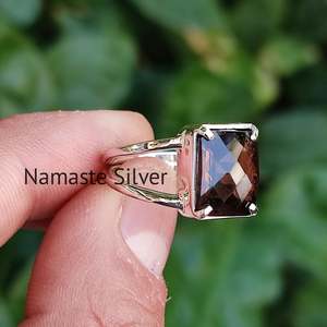 Handmade Boho <b>Statement</b> <b>Ring</b> Smoky Quartz & Silver Inlaid with Brown Gemstone Cushion Checker Cut Perfect Birthday Gift for Him - Product Image 5