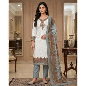 P L INDUSTRIES Casual Style Grey Chiffon Printed Chikankari Eco-Friendly Women Unstitched V-neck Above Knee Suit Set - Product Image 3