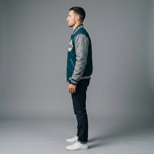 Men's Teal Wool Letterman <b>Jacket</b> Grey Sleeves Custom Logo <b>Checkered</b> Rib Knit Collar Cuffs Snap Front Luxury Streetwear Outerwear - Product Image 3