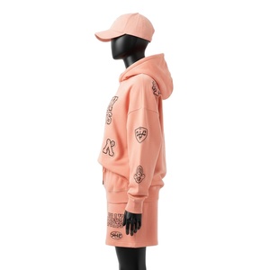 Women Hoodie Short Set Premium Cotton Polyester Fleece <b>Peach</b> Screen Print Custom Logo100% Cotton Hoodie and Shorts Set for Women - Product Image 3