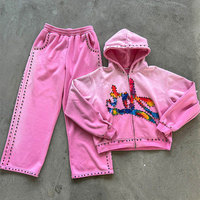 Kadınlar için şık ışıltılı taklidi eşofman Slim Fit Rhinestone Hoodie ve pantolon seti rahat Trendy Rhinestone eşofman
