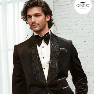 เสื้อคลุมสูทผู้ชายเสื้อทักซิโด้2ชิ้นสีดำ - Product Image 1