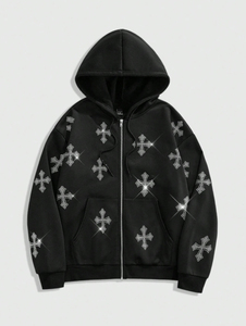 Venta al por mayor de algodón de alta calidad con cremallera Sudadera con capucha para los hombres logotipo personalizado Bling Rhinestone invierno con capucha sólido OEM servicio disponible - Product Image 6