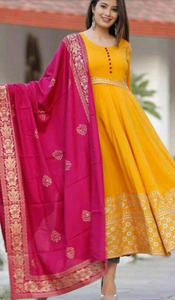 Robe indienne longue à manches longues et col rond pour femme, imprimé et broderie traditionnels, à la mode - Product Image 3