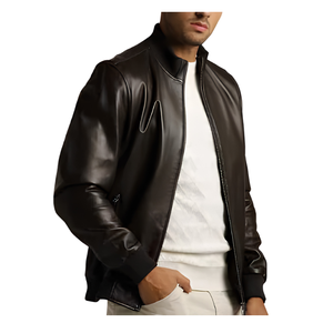 PU <b>Leather</b> Windproof Stand Collar Zipper Closure Winter Casual <b>Men's</b> Motorcycle Bomber <b>Jacket</b> Black Brown OEM - Product Image 2