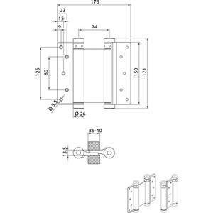 Charnière pivotante en acier inoxydable DENI, lot de 2, taille 36, longueur 150 mm, capacité 40 kg, pour portes d'épaisseur 35-40 mm, avec doublures de fixation pour étagères - Product Image 3