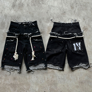 Shorts en coton à double taille pour homme, style streetwear, lavage à l'acide avec strass, tricotés - Product Image 3