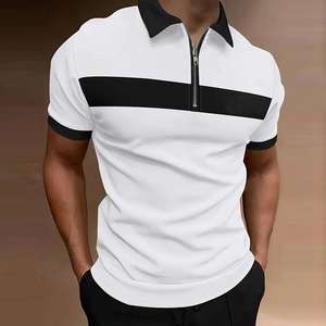 Camiseta de Manga Corta para Hombre, 100% Algodón, Tejido de Punto, Cierre de Cremallera, Estampado con Costuras, Corte Ajustado, Antiarrugas, Primavera-Verano - Product Image 6