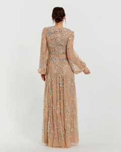 Robe maxi décontractée en mousseline de soie 100% polyester faite à la main pour femmes, col rond, sexy, pour soirée, manches longues, silhouette en A, longueur au sol - Product Image 3