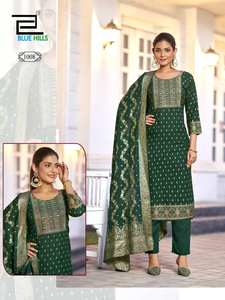 ชุดคุर्ติผ้าเรยอนปักลายสีน้ำเงินขายส่ง ความยาวระดับเข่า พร้อมกางเกงและผ้าคลุมไหล่ สไตล์แฟชั่นอินเดียและปากีสถาน สำหรับงานปาร์ตี้ - Product Image 2