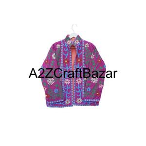 Veste bomber en velours tricoté à fleurs bohème brodée à la main avec doublure en coton réversible et écologique pour femmes - Product Image 1