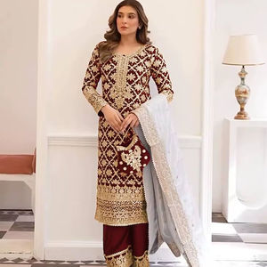 ชุดชาราราผ้าไหมชิโนนปักเลื่อมงานฝีมือประณีต ดีไซน์พลิ้วไหว ผ้าจอร์เจียต์เทียม ทรงพลาโซ สำหรับงานปาร์ตี้ฤดูหนาว - Product Image 1