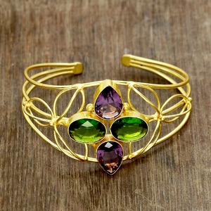 Handmade Colorful Brass Metal <b>Gold</b> Plated Cuff Bracelets Pretty Pear Oval Cut Amethyst <b>Peridot</b> Quartz Fashionable Bangles - Product Image 1