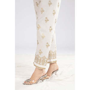 Pantalones de Mujer Blancos de Cambray con Estampado de Bloques, Transpirables, de Algodón, de Pierna Recta, con Camuflaje, Talla XL, Decoración Bordada a Mano - Product Image 3