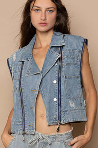 Women Blue Denim <b>Jacket</b> with Multiple Zipper Accents Cropped Jean Coat Moto Style Outerwear Fashion <b>Ladies</b> Long Sleeve <b>Jacket</b> - Product Image 6