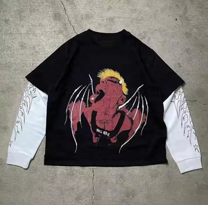 Camiseta personalizada de alta calidad con estampado de dos piezas simulado, camiseta de manga larga de doble capa Vintage rasgada de algodón para hombres - Product Image 4