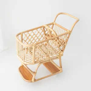 Natural hand-crafted rattan kids shopping cart rattan basket carts children supermarket trolley