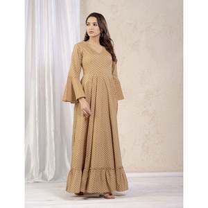 Beige Cotton Printed Long <b>Umbrella</b> <b>Dress</b> <b>Indian</b> & Pakistani Clothing - Product Image 6