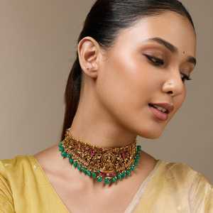 Vintage Gold-Plated <b>Silver</b> Temple Necklace with Pearl and Diamond Religious Ethnic Style for Wedding or Gift 188954 - Product Image 3
