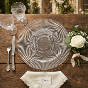 Assiette de présentation élégante en verre transparent pour la décoration de table de mariage, <span class=keywords><strong>plateau</strong></span> de service rond transparent pour événements festifs et hôtels - Product Image 5