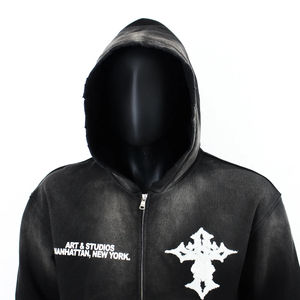 Sudaderas con Capucha y Cierre de Cremallera Personalizadas de Algodón Negro Francés, Estilo Vintage, Lavado Ácido, Bordadas, Gruesas, para Hombre - Product Image 2