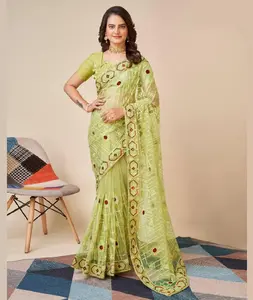 印度和巴基斯坦风格的西印度棉纱丽刺绣作品网纱与设计师衬衫件印度民族套装