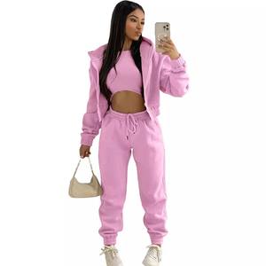 Conjunto de chándal de 3 piezas para mujer, conjunto de chándal con capucha y joggers con logotipo personalizado, pantalones de jogging ajustados con cremallera para mujer - Product Image 4