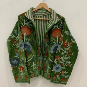 Handmade <b>Velvet</b> Vintage Suzani With Pocket Winter Short <b>Jacket</b> for <b>Womens</b> Available for Wholesale Purchase - Product Image 1