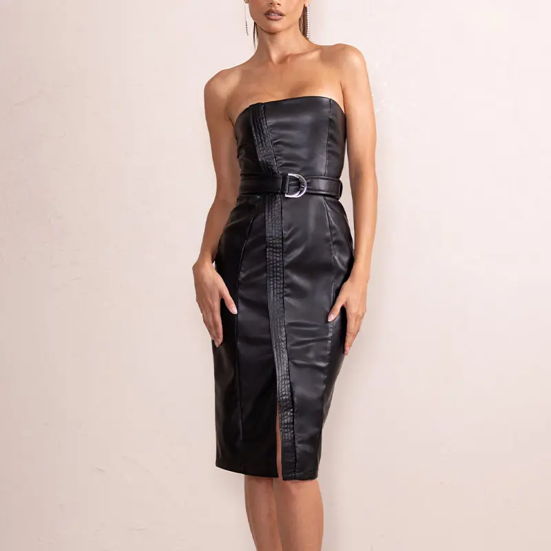 Faux Leather Wrap Bandeau Belt Detail With High Quality Sleeveless Night Club Backless Wholesale Off Shoulder Black Midi Dress