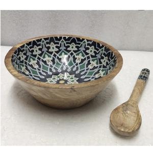 Bol en bois naturel écologique avec motif fantaisie imprimé en émail, forme ronde, bol de service en bois pour l'organisation de la cuisine - Product Image 2