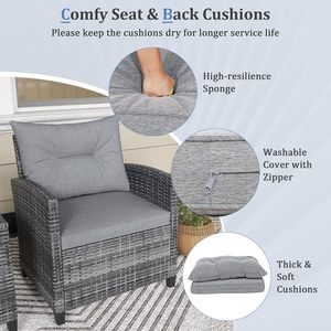 Comfortable 3 Piece Outdoor Patio Wicker Furniture <b>Set</b> Grey PE Rattan <b>Bistro</b> <b>Set</b> with Deep Seating Cushions for Porch - Product Image 2