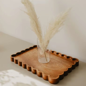 Large scalloped mango <b>wood</b> serving tray wavy rectangle decorative wooden catchall <b>jewellery</b> dish vintage inspired carved valet - Product Image 1