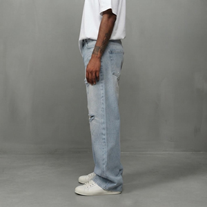 Hot Selling article custom Embroidered Streetwear Hip Hop Straight Fit Denim Jeans for Men's Breathable Washed baggy fit man pan - Product Image 3