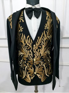 ทักซิโด้ปักด้วยมือดีไซน์เนอร์สีดำเสื้อแจ็กเก็ตสีดำเจ้าบ่าวแบบดั้งเดิมชุดสูท3ชิ้นสำหรับงานแต่งงานสไตล์อินเดียชนเผ่า - Product Image 3