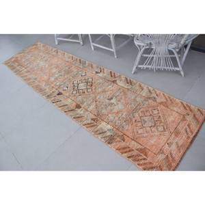 Vintage Turkish Rug, 2.7x10.3 ft Herki Rug, <b>Brown</b> Orange Floral <b>Wool</b> Rug - Product Image 4