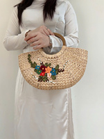 Tas tangan Artisan buatan tangan dengan gaya antik desain terbuka dan gagang kayu bergaya dari air fitur Hyacinth dua tali