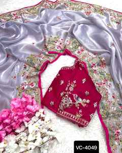 Ropa étnica india, tela pesada de Jimmi Cho, hilos de bordado múltiple, codificación y secuencia, corte elegante con borde de tubería, Sari - Product Image 2