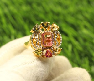 Elegant Women's Rhodium-Plated Sterling <b>Silver</b> Multi-Tourmaline Ring Single Cut Diamond for Wedding Anniversary Special - Product Image 4