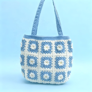 Handmade Crochet Bohemian Lady Style <b>Shoulder</b> Bag with Flowers Decoration Two <b>Straps</b> ZIP Closure Thermal Lining for Women Travel - Product Image 1